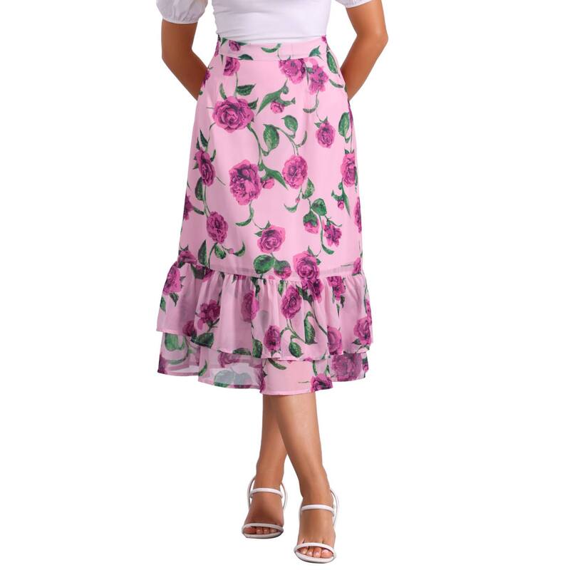 アレグラ ケー レディース ボトムスカート フリル裾 フラワー柄 プリント フリル ミディ フラワー ALLEGRA K Women's Floral Print Elastic Waist Ruffle Hemidi Skirt Pink Purple Floral ピンク｜ReVida 店