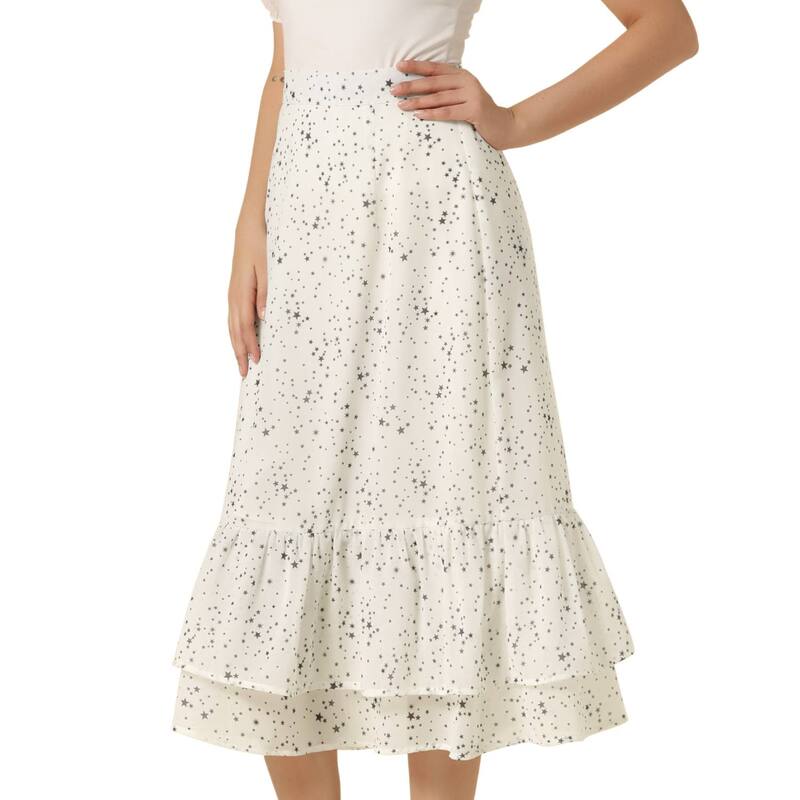 アレグラ ケー レディース ボトムスカート フリル裾 フラワー柄 プリント フリル ミディ フラワー ALLEGRA K Women's Floral Print Elastic Waist Ruffle Hemidi Skirt White Star ホワイト