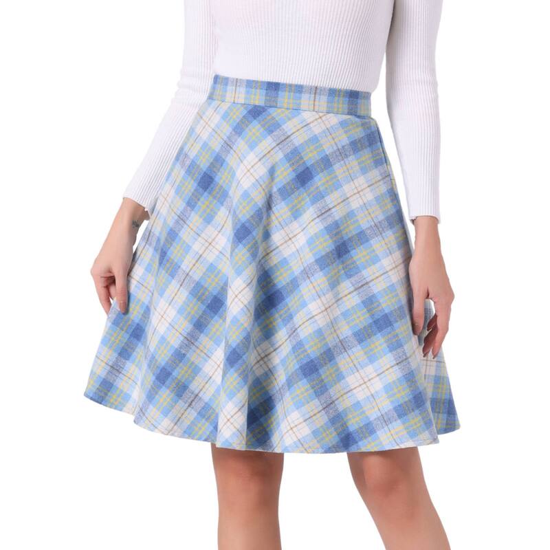 アレグラ ケー レディース ボトムスカート A ライン ひざ丈 ALLEGRA K Women's Plaids Elastic Waist Knee Length Worsted A Line Skirt Blue Beige ブルー