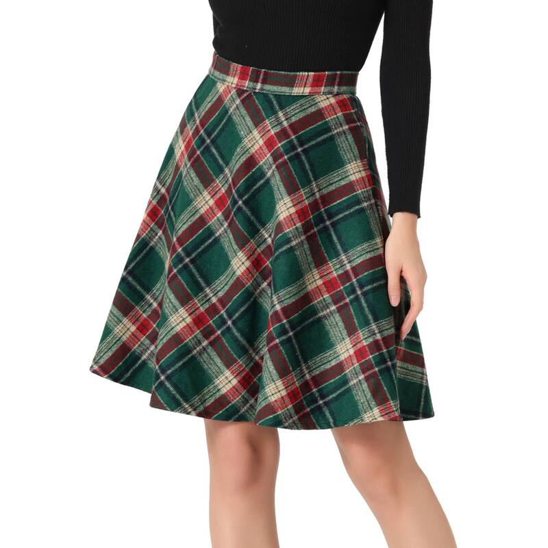 アレグラ ケー レディース ボトムスカート A ライン ひざ丈 ALLEGRA K Women's Plaids Elastic Waist Knee Length Worsted A Line Skirt Green Red レッド