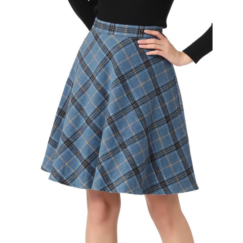 アレグラ ケー レディース ボトムスカート A ライン ひざ丈 ALLEGRA K Women's Plaids Elastic Waist Knee Length Worsted A Line Skirt Grey Blue グレー