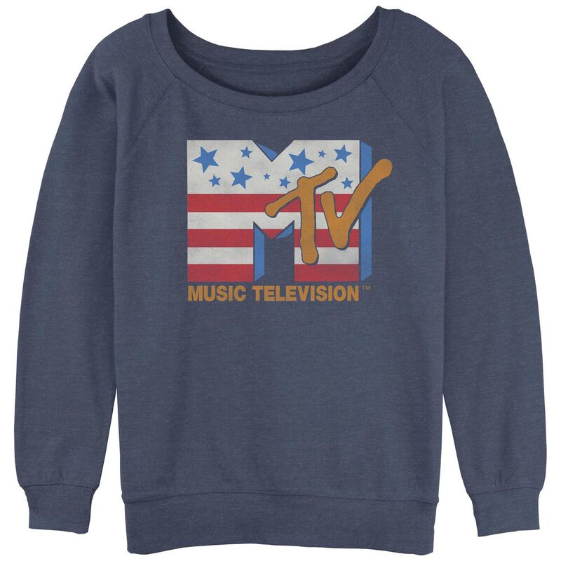アニメキャラクター レディース トップス Tシャツ パイル ロゴ グラフィック Licensed Character Juniors' MTV Americana Logo Slouchy Terry Graphic Pullover Blue Heather ヘザー
