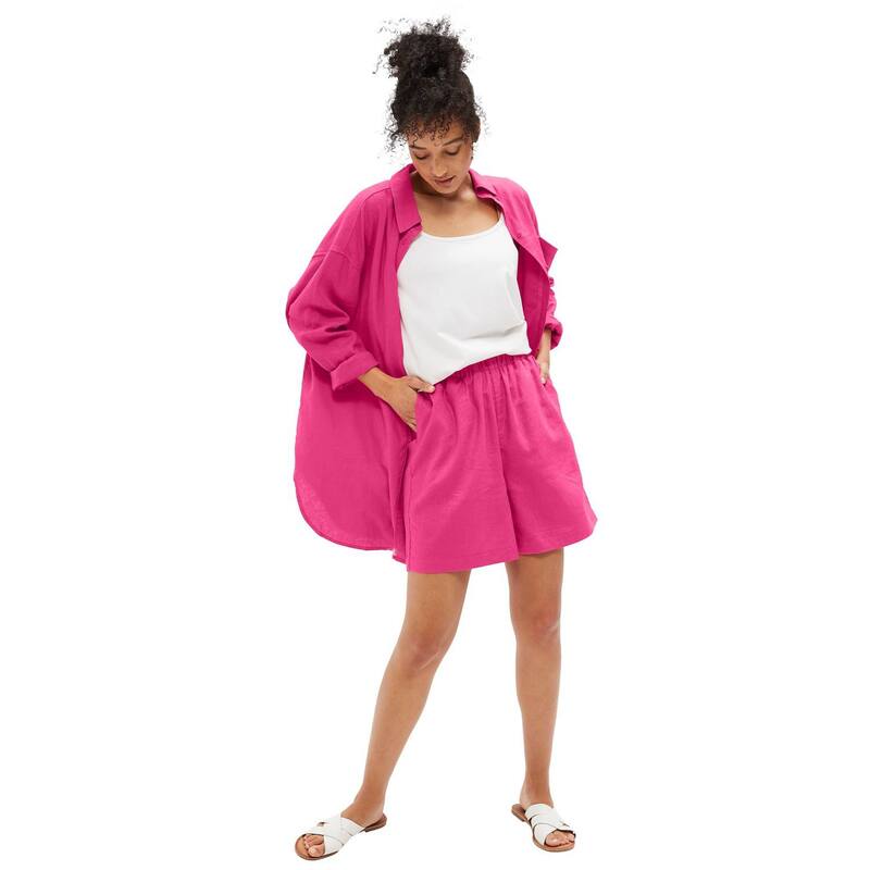 Ellos レディース ボトムス ハーフパンツ・ショーツ プラスサイズ ショートパンツ リネン ellos Plusize Linen-Blend Elastic Waist Shorts Raspberry Sorbet｜ReVida 店