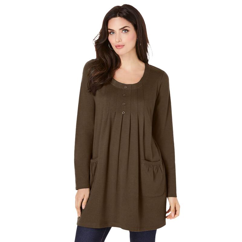 ロアマンズ レディース トップス Tシャツ プラスサイズ ニット Roaman's Women's Plusize Two Pocket Long Sleeve Soft Knit Swing Tunichocolate チョコレート
