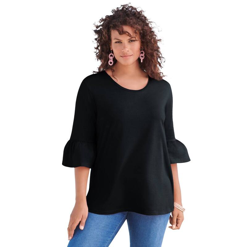 ロアマンズ レディース トップス Tシャツ プラスサイズ コットン Roaman's Women's Plusize Cotton Ultimate Bell Sleeve Tee Black ブラック