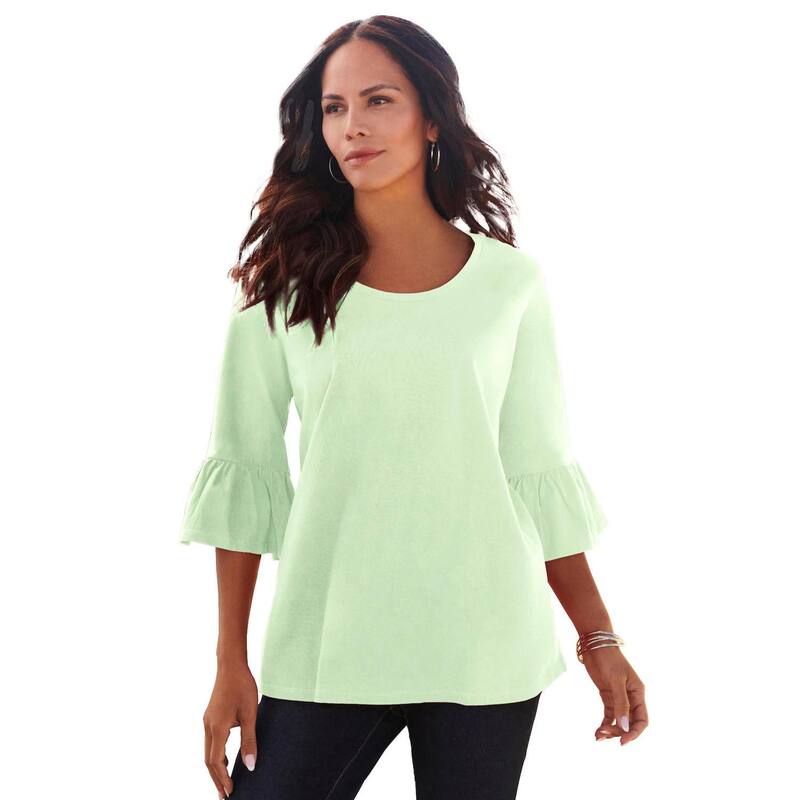 ロアマンズ レディース トップス Tシャツ プラスサイズ コットン Roaman's Women's Plusize Cotton Ultimate Bell Sleeve Tee Cool Sage セージ｜ReVida 店