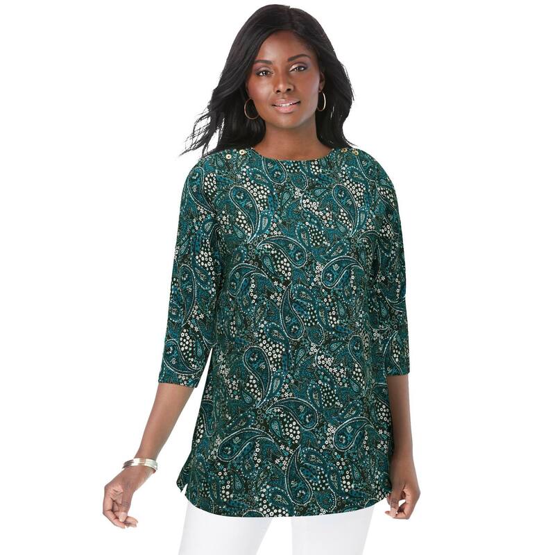 ジェシカロンドン レディース トップス Tシャツ プラスサイズ コットン Jessica London Women's Plusize Stretch Cotton Boatneck Tunic Deep Teal Garden ティール