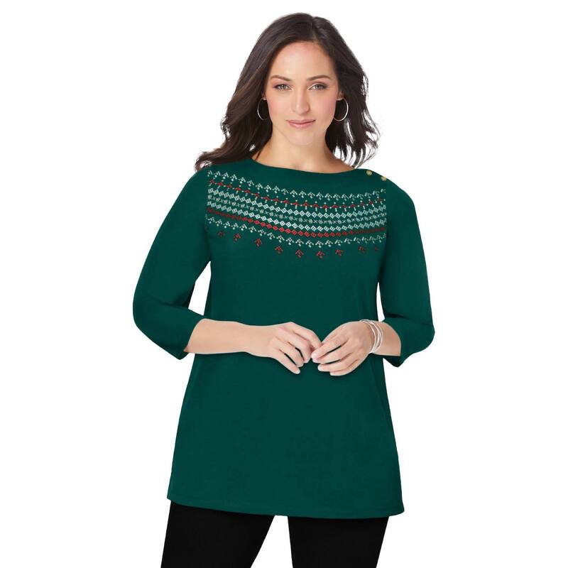 ジェシカロンドン レディース トップス Tシャツ プラスサイズ コットン Jessica London Women's Plusize Stretch Cotton Boatneck Tunic Emerald Fair Isle エメラルド