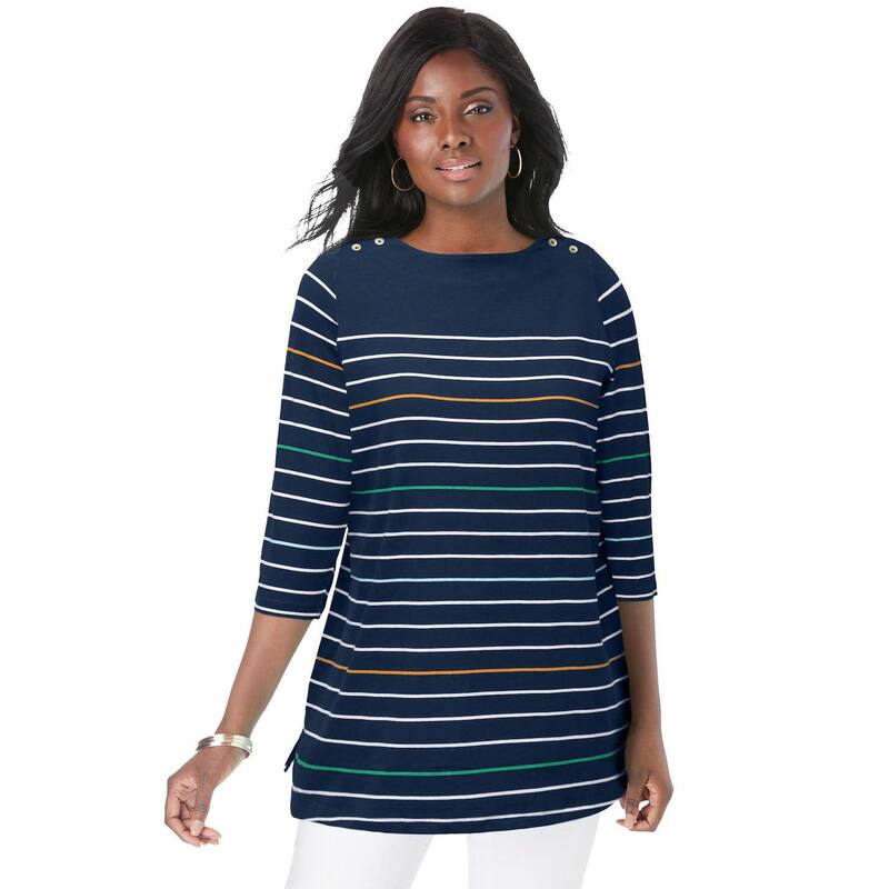ジェシカロンドン レディース トップス Tシャツ プラスサイズ コットン Jessica London Women's Plusize Stretch Cotton Boatneck Tunic Navy Mixed Stripes ネイビー