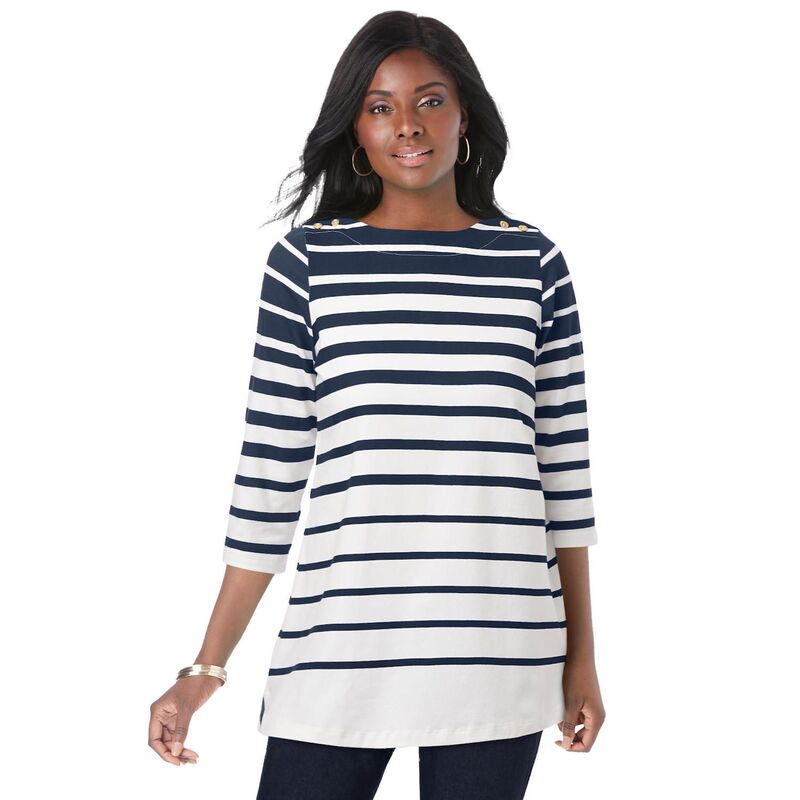 ジェシカロンドン レディース トップス Tシャツ プラスサイズ コットン Jessica London Women's Plusize Stretch Cotton Boatneck Tunic Navy Stripe ネイビー