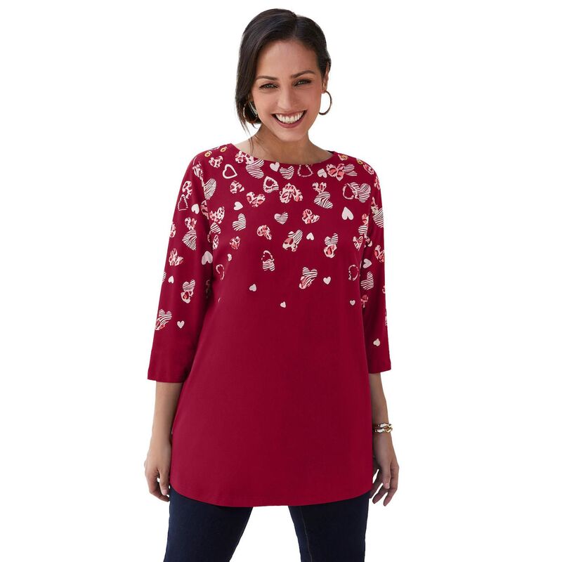 ジェシカロンドン レディース トップス Tシャツ プラスサイズ コットン Jessica London Women's Plusize Stretch Cotton Boatneck Tunic Rich Burgundy Hearts バーガンディ