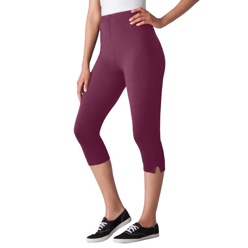 ウーマン ウィズイン レディース ボトムス カジュアルパンツ プラスサイズ プチ コットン キャップ レギンス ニット Woman Within Plusize Petite Stretch-Cotton Knit Pull-On Capri Leggings Deep Claret