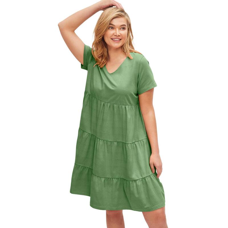 Ellos レディース トップス 衣装 ティアード A 伝達ルート 付け加える大いさ 綿織物 ellos Plusize Cotton Spandex Scoop Neck Short Sleeve Tiered A Line Dress Olive Drab オリーブ レディースファッション-ワンピース