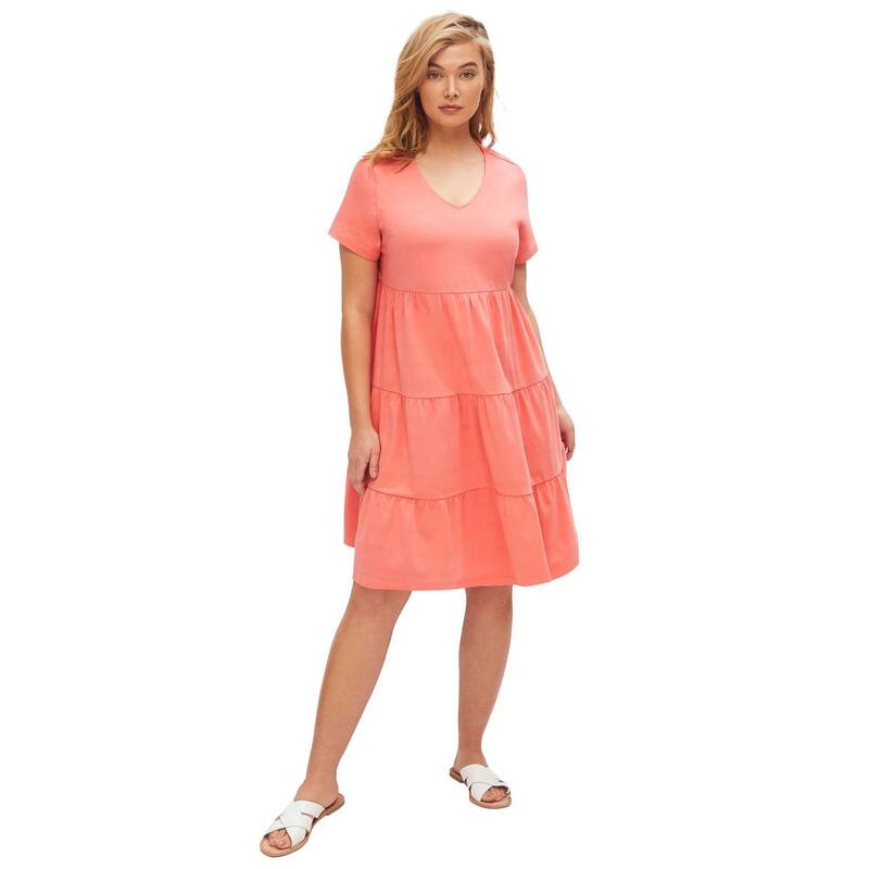 Ellos レディース トップス ワンピース ティアード A ライン プラスサイズ コットン ellos Plusize Cotton Spandex Scoop Neck Short Sleeve Tiered A Line Dressweet Coral コーラル｜ReVida 店