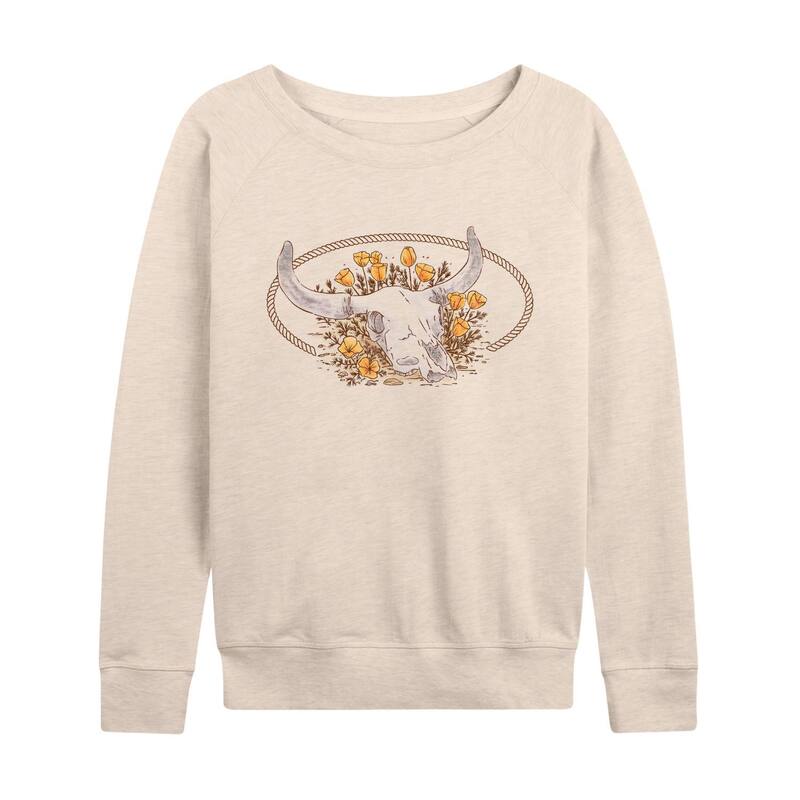 アニメキャラクター レディース トップス Tシャツ フラワー柄 パイル フラワー グラフィック Licensed Character Women's Western Longhorn Skull Floral Graphic French Terry Long Sleeve Tee Beige ベージュ