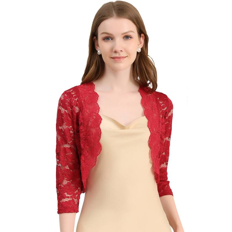 アレグラ ケー レディース トップス シャツ フラワー柄 シアー レース フラワー ALLEGRA K Women's Elegant 3/4 Sleeve Sheer Lace Floral Open Front Shrug Top Deep Red レッド｜ReVida 店 8,725円