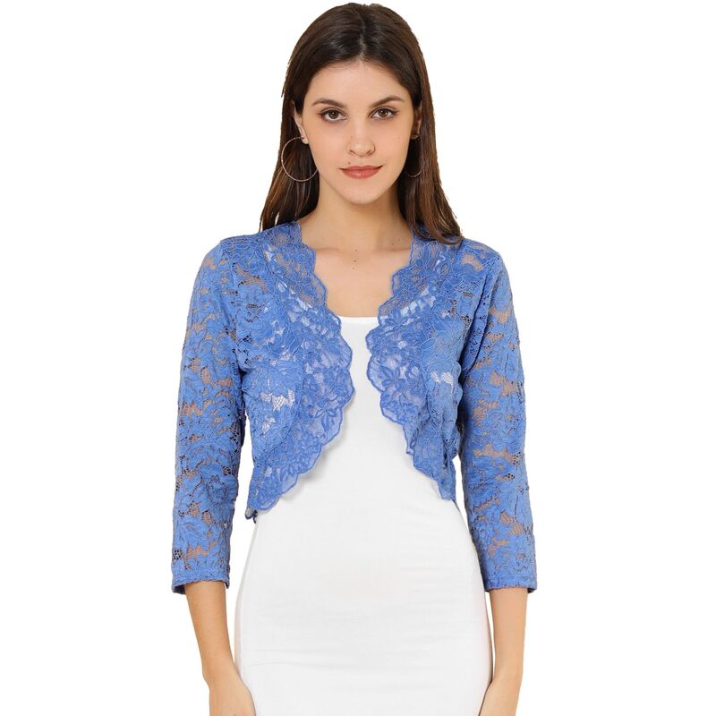 アレグラ ケー レディース トップス シャツ フラワー柄 シアー レース フラワー ALLEGRA K Women's Elegant 3/4 Sleeve Sheer Lace Floral Open Front Shrug Top Gray Blue グレー｜ReVida 店