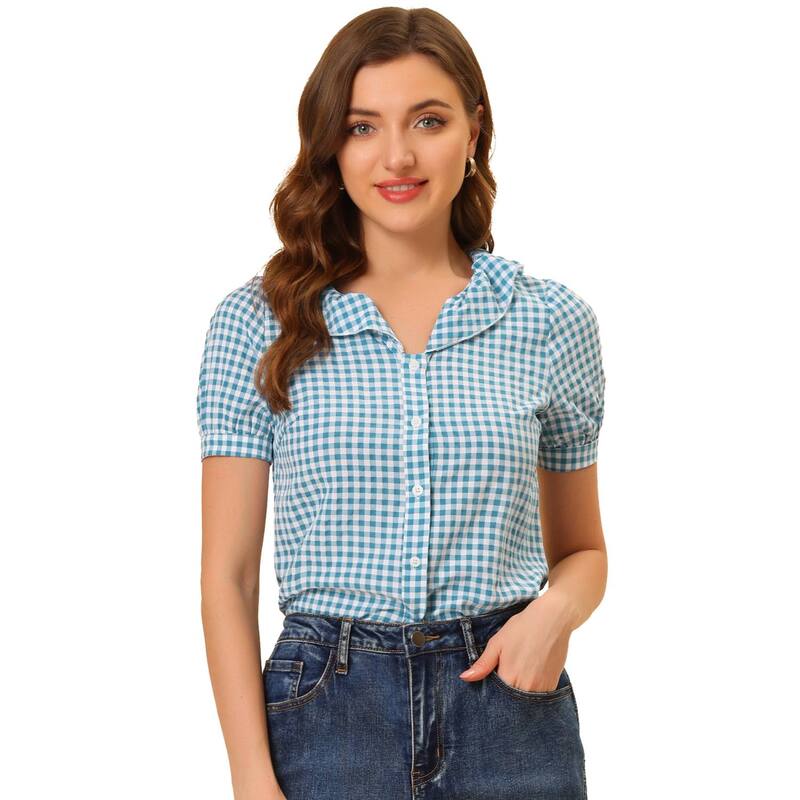 アレグラ ケー レディース トップス シャツ フリル ALLEGRA K Women's Peter Pan Collar Short Sleeve Ruffle Plaid Shirtop Blue ブルー
