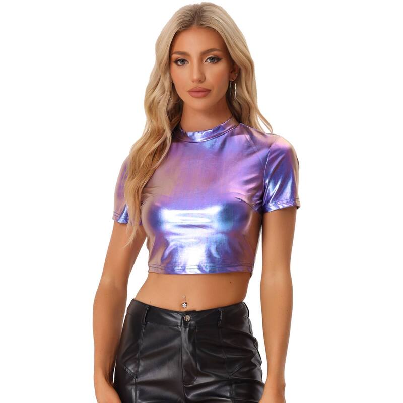 アレグラ ケー レディース トップス プルオーバー モックネック トール ALLEGRA K Women\u0027s Mock Neck Party Short Sleeve Metallicrop Tops Blue 青み