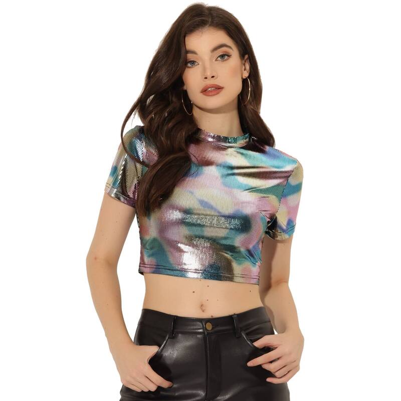 アレグラ ケー レディース トップス プルオーバー モックネック トール ALLEGRA K Women\u0027s Mock Neck Party Short Sleeve Metallicrop Tops Multicolor Black 黒いこと