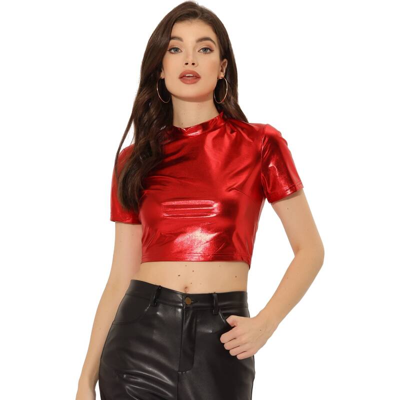 アレグラ ケー レディース トップス プルオーバー モックネック トール ALLEGRA K Women\u0027s Mock Neck Party Short Sleeve Metallicrop Tops Red 赤いこと