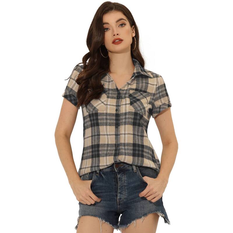 アレグラ ケー レディース トップス シャツ ALLEGRA K Women's Boyfriend Button Front Short Sleeves Plaid Shirt Khaki Black ブラック