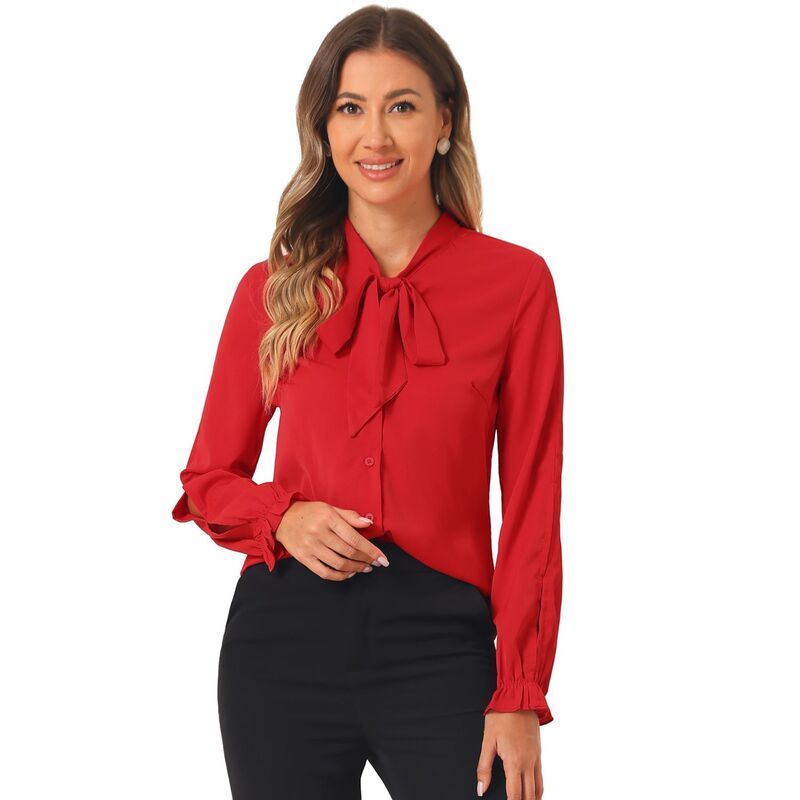 アレグラ ケー レディース トップス シャツ シフォン ブラウス ALLEGRA K Women Elegant Bow Tie Neck Blouse Long Sleeve Work Chiffon Shirt Red レッド