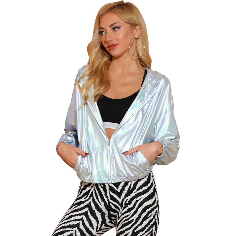 アレグラ ケー レディース アウター ジャケット・ブルゾン トール ALLEGRA K Women'shiny Long Sleeve Zipper Hooded Metallic Jacket Holographic メタリック