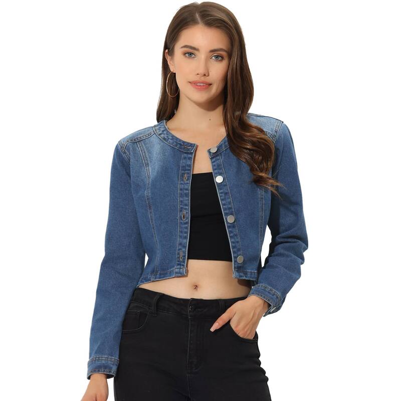アレグラ ケー レディース アウター ジャケット・ブルゾン ボタンダウン デニム ALLEGRA K Women\'s Denim Collarless Button Down Long Sleeve Jean Jacket Blue ブルー｜ReVida 店