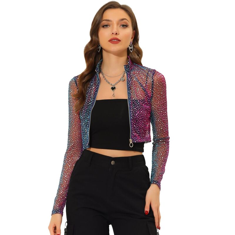 アレグラ ケー レディース アウター 上衣・上衣 セミシアー クロップド ALLEGRA K Women\u0027s Dotstand Collar Semi Sheer Cropped Jacket Blue 青み