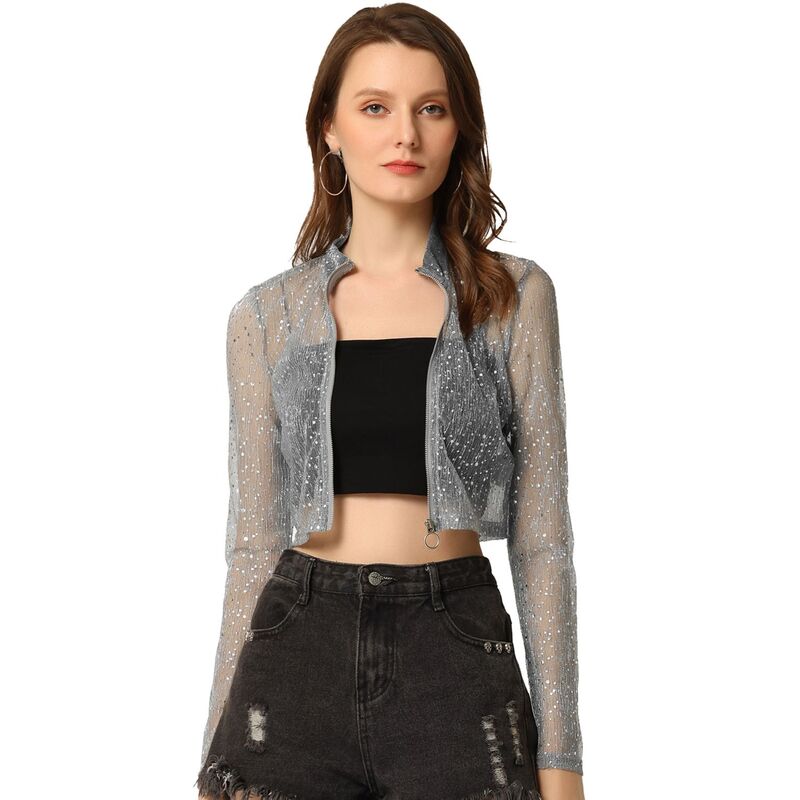 アレグラ ケー レディース アウター 上衣・上衣 セミシアー クロップド ALLEGRA K Women\u0027s Dotstand Collar Semi Sheer Cropped Jacket Silver しろがね色