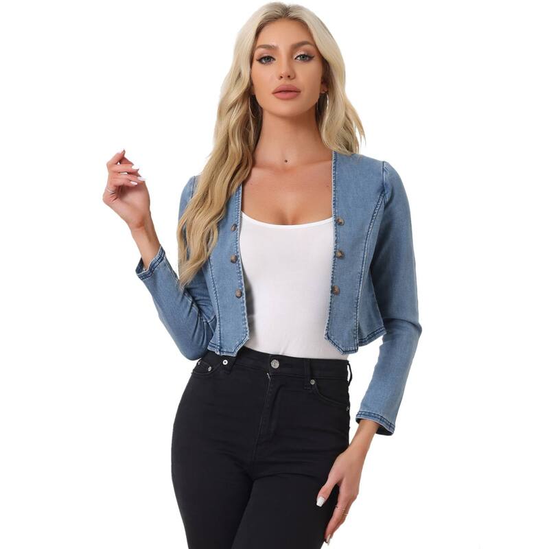 アレグラ ケー レディース アウター 上衣・上衣 ジーンズ ALLEGRA K Denim Jacket for Women\u0027s Collarless Open Front Casual Crop Shrug Blue 青色 コート・ジャケット-レディースファッション