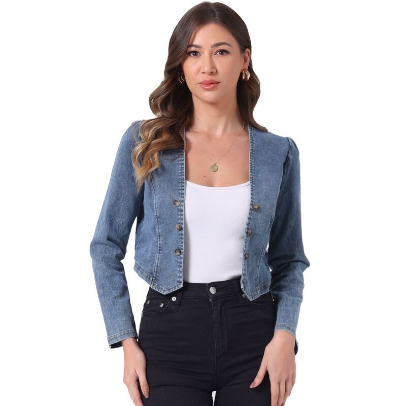 アレグラ ケー レディース アウター ジャケット・ブルゾン デニム ALLEGRA K Denim Jacket for Women's Collarless Open Front Casual Crop Shrug Dusty Blue ブルー
