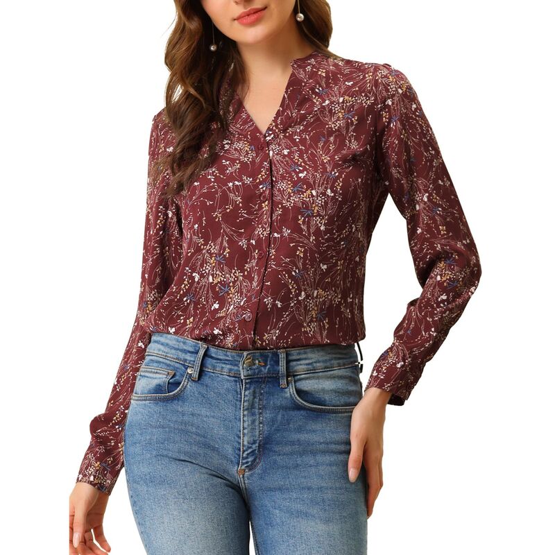 アレグラ ケー レディース トップス シャツ Vネック ボタンダウン フラワー柄 ダウン ブラウス フラワー ALLEGRA K Women's Button Down V Neck Long Sleeve Floral Blouse Burgundy バーガンディ