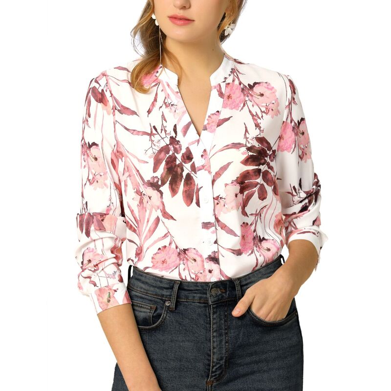 アレグラ ケー レディース トップス シャツ Vネック ボタンダウン フラワー柄 ダウン ブラウス フラワー ALLEGRA K Women's Button Down V Neck Long Sleeve Floral Blouse White ホワイト