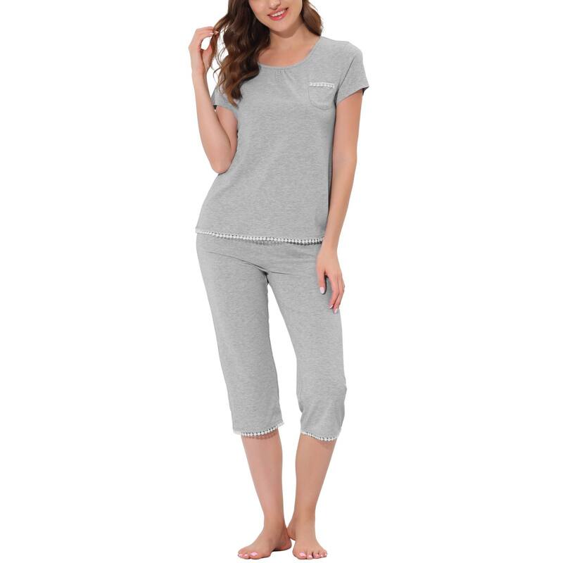 cheibear レディース アンダーウェア ナイトウェア キャップ cheibear Women's Lounge Sleepwear Pajama Round Neck Capri Nightwear Casual Sets Gray グレー