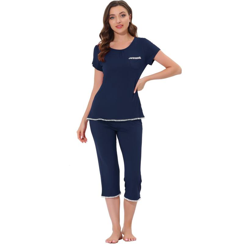 cheibear レディース アンダーウェア ナイトウェア キャップ cheibear Women's Lounge Sleepwear Pajama Round Neck Capri Nightwear Casual Sets Navy Blue ネイビー