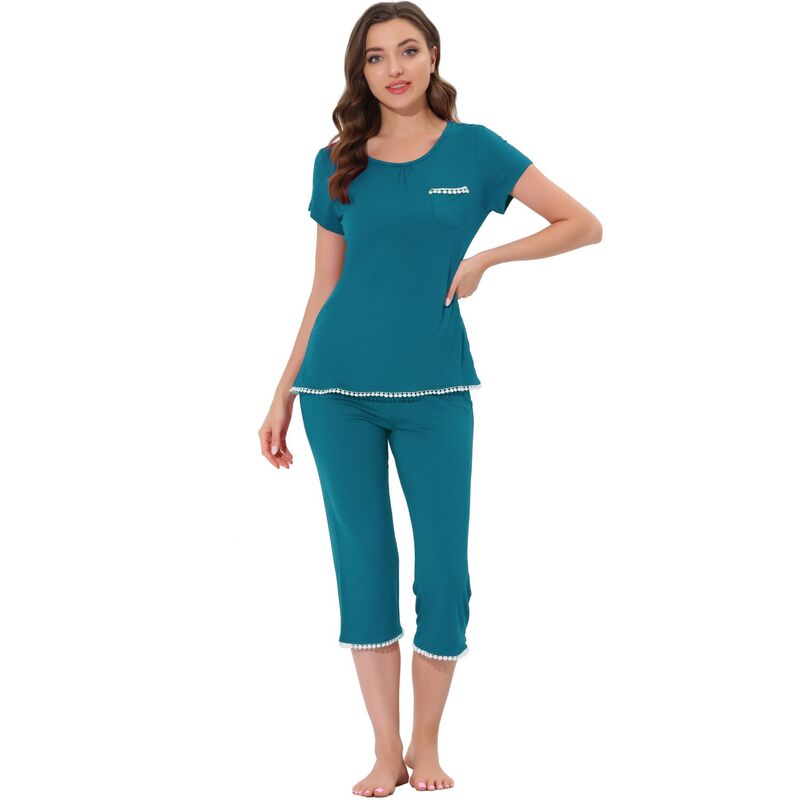cheibear レディース アンダーウェア ナイトウェア キャップ cheibear Women's Lounge Sleepwear Pajama Round Neck Capri Nightwear Casual Sets Peacoke Green グリーン 12,480円