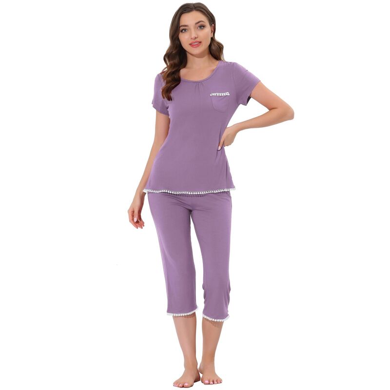 cheibear レディース アンダーウェア ナイトウェア キャップ cheibear Women's Lounge Sleepwear Pajama Round Neck Capri Nightwear Casual Sets Purple パープル 12,480円