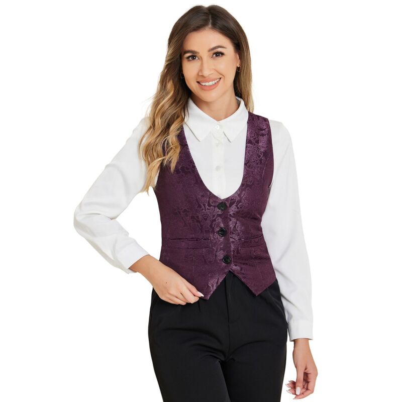 アレグラ ケー レディース アウター ジャケット・ブルゾン ヴィンテージ ベスト ノースリーブ コート ALLEGRA K Women's Vintage Waistcoat Button Up Steampunk Jacquard Sleevelessuit Vest Dark Purple パープル