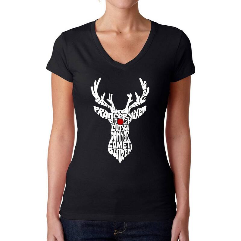 エルエーポップアート レディース トップス Tシャツ Vネック LA Pop Art Women's Word Art V-Neck T-Shirt - Santa's Reindeer Black ブラック