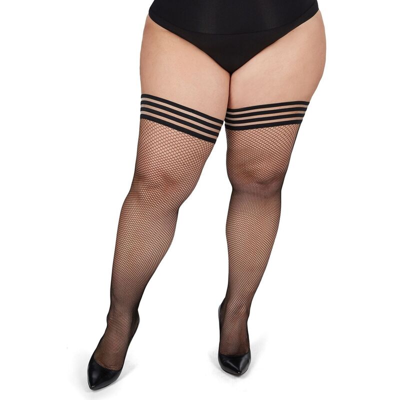 メモイ レディース アンダーお召しもの ソックス 足し加える大きさ MeMoi Plusize Curvy Backseam Fishnethigh Stocking Black 黒いこと