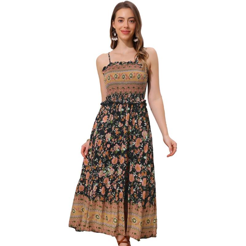 アレグラ ケー レディース トップス ワンピース A ライン フラワー柄 シャーリング マキシ フラワー ALLEGRA K Boho Floral Dresses For Women Summer Spaghetti Strap A-line Flowy Smocked Maxi Dress Black ブラック
