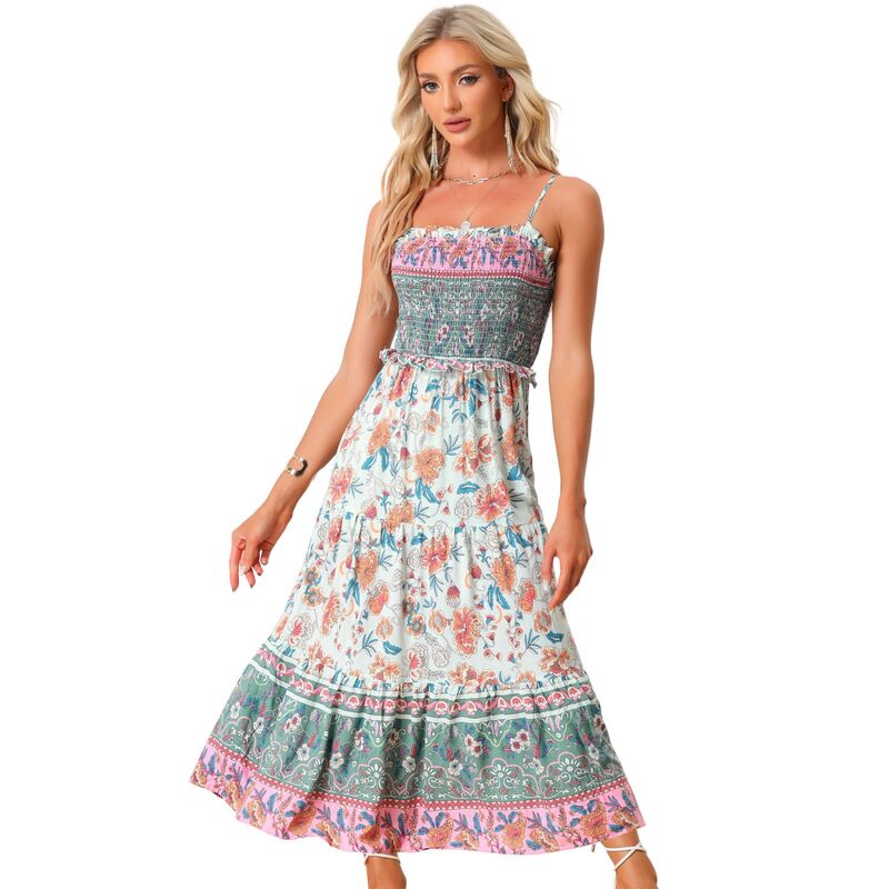 アレグラ ケー レディース トップス ワンピース A ライン フラワー柄 シャーリング マキシ フラワー ALLEGRA K Boho Floral Dresses For Women Summer Spaghetti Strap A-line Flowy Smocked Maxi Dress Light Green グリーン