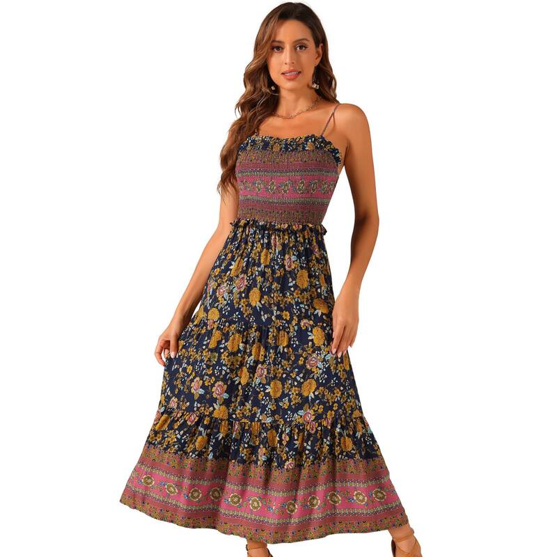 アレグラ ケー レディース トップス ワンピース A ライン フラワー柄 シャーリング マキシ フラワー ALLEGRA K Boho Floral Dresses For Women Summer Spaghetti Strap A-line Flowy Smocked Maxi Dress Navy Blue ネイビー|ReVida 店