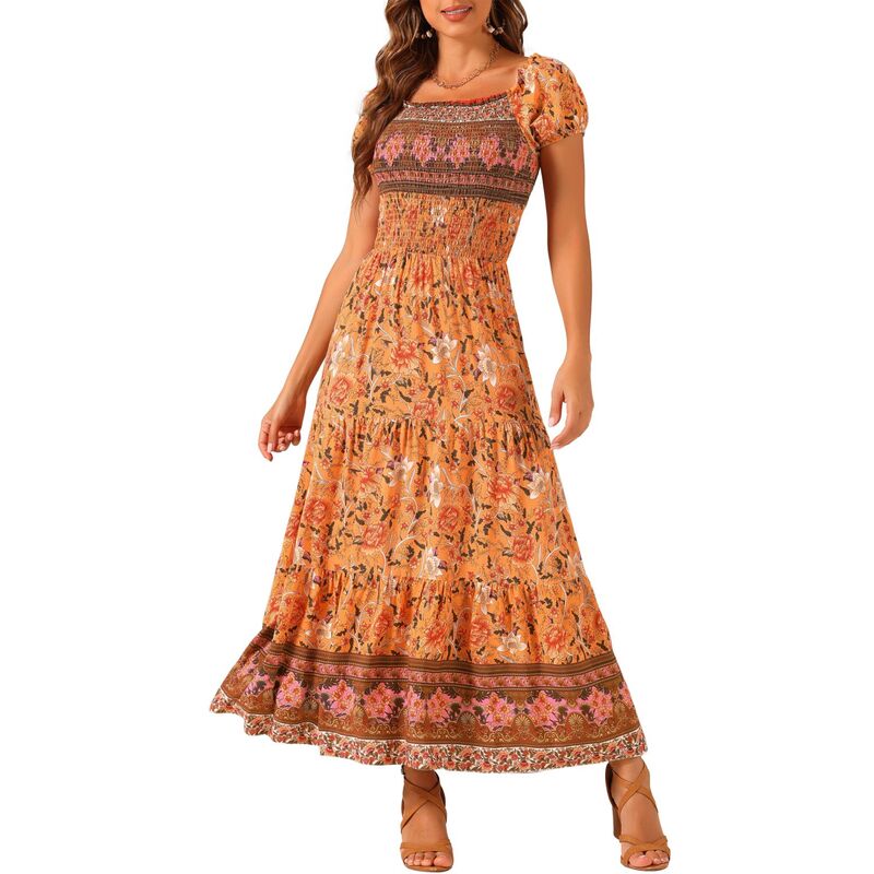 アレグラ ケー レディース トップス ワンピース フラワー柄 ミディ シャーリング フラワー ALLEGRA K Boho Floral Dress for Women Square Neck Midi Smockedress Orange オレンジ