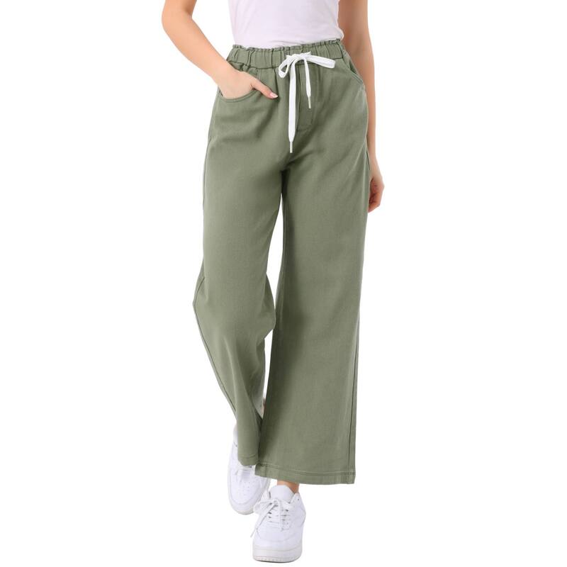 アレグラ ケー レディース ボトムス ジーンズズボン下 デニム ALLEGRA K Casual Denim Pants for Women Drawstring Elastic Waist Wide Legs Jeans Army Green 緑であること
