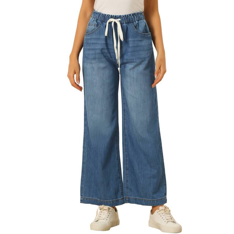 アレグラ ケー レディース ボトムス ジーンズズボン下 デニム ALLEGRA K Casual Denim Pants for Women Drawstring Elastic Waist Wide Legs Jeans Blue 青み