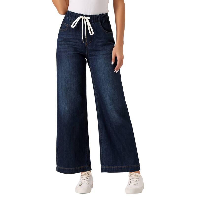 アレグラ ケー レディース ボトムス ジーンズズボン下 デニム ALLEGRA K Casual Denim Pants for Women Drawstring Elastic Waist Wide Legs Jeans Dark Blue 青み