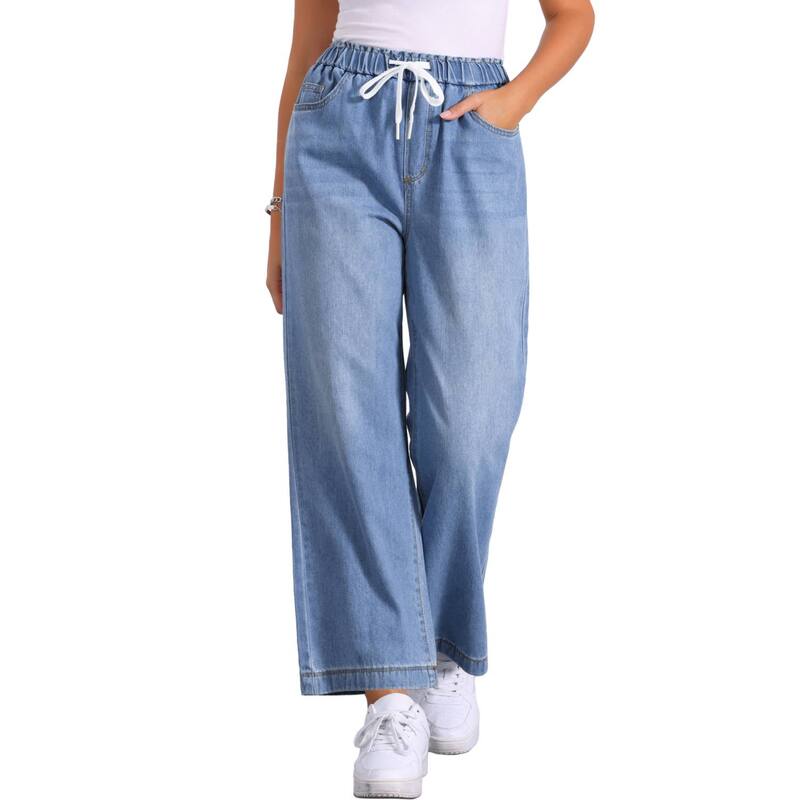 アレグラ ケー レディース ボトムス ジーンズズボン下 デニム ALLEGRA K Casual Denim Pants for Women Drawstring Elastic Waist Wide Legs Jeans Light Blue 青み